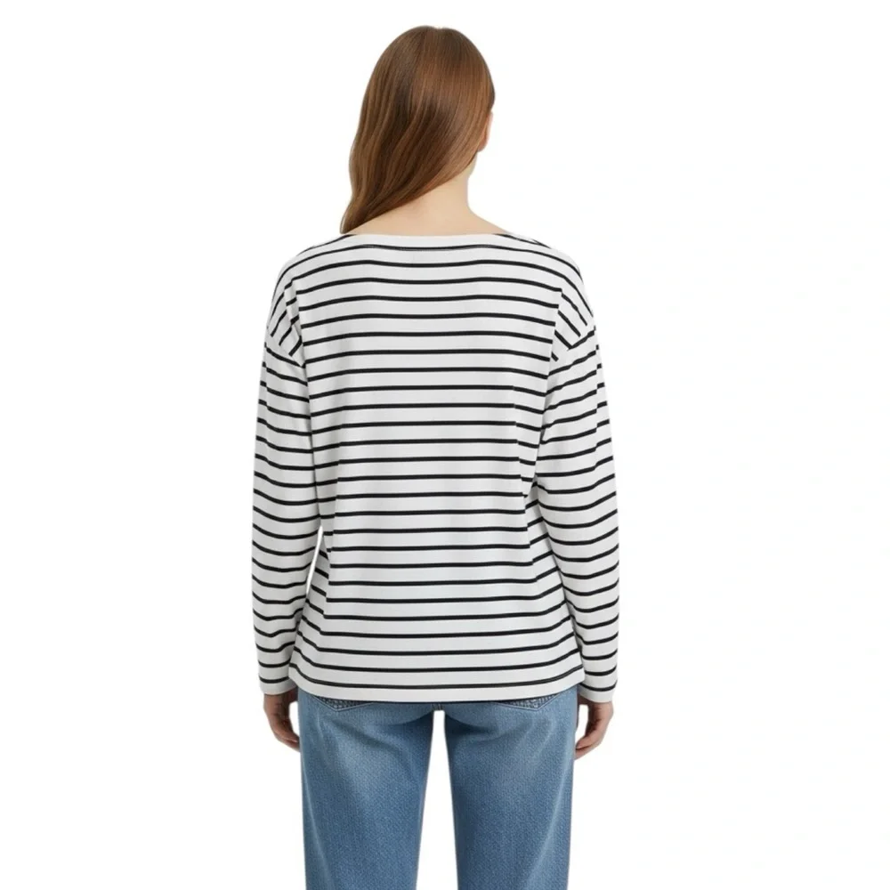 Zara Navy Blue White Breton Striped Long Sleeve Boatneck Top Women’s Size Medium - Picture 2 of 8
